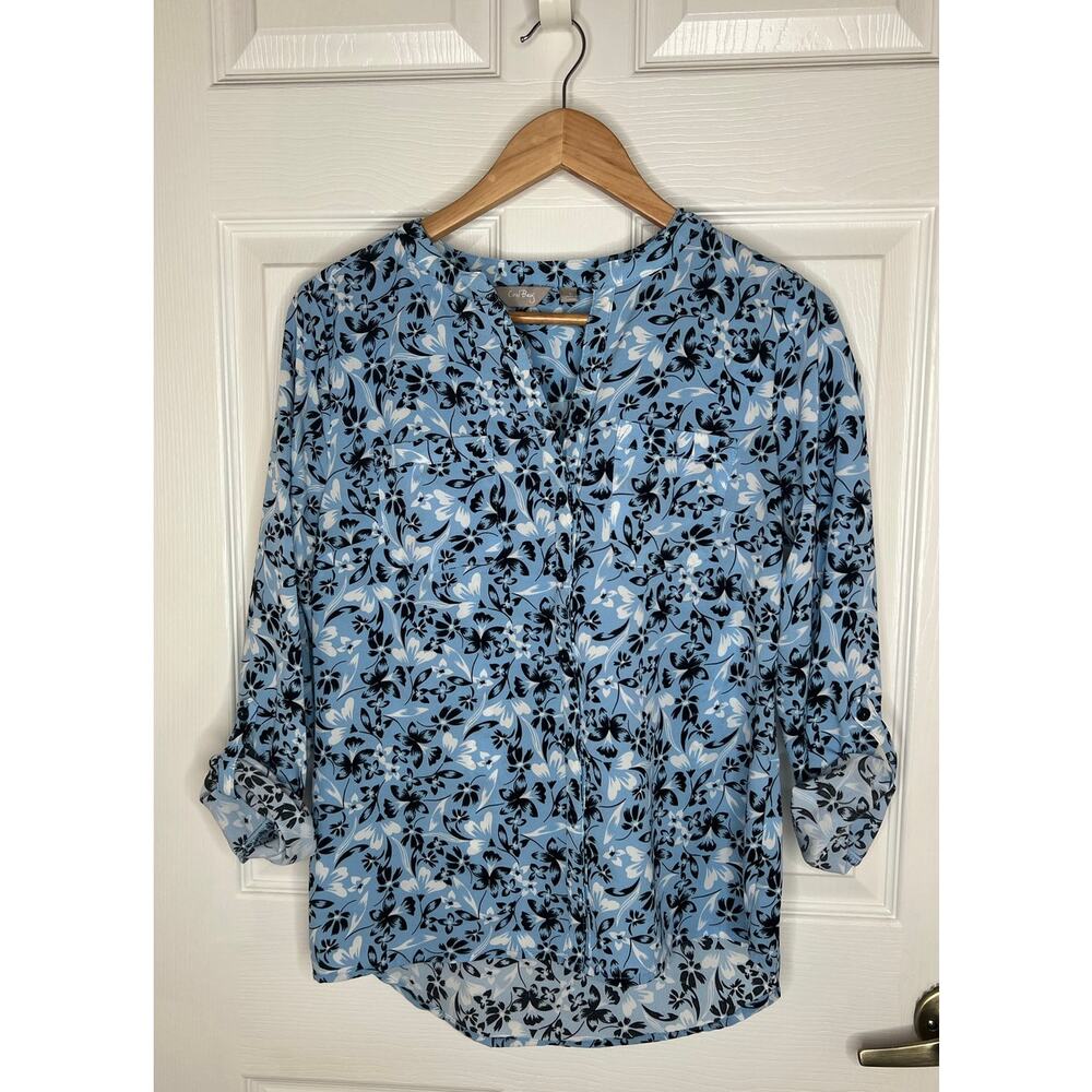 Coral Bay Women's Blue Floral Print Blouse Top Roll Tab Sleeves Size Small - Picture 4 of 8